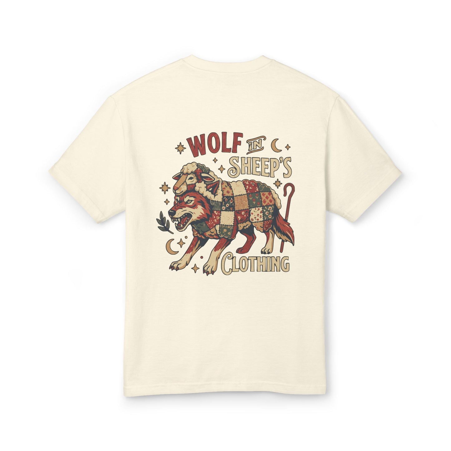 Wolf & Sheep Graphic Tee — Vintage Patchwork Wolf Back Print