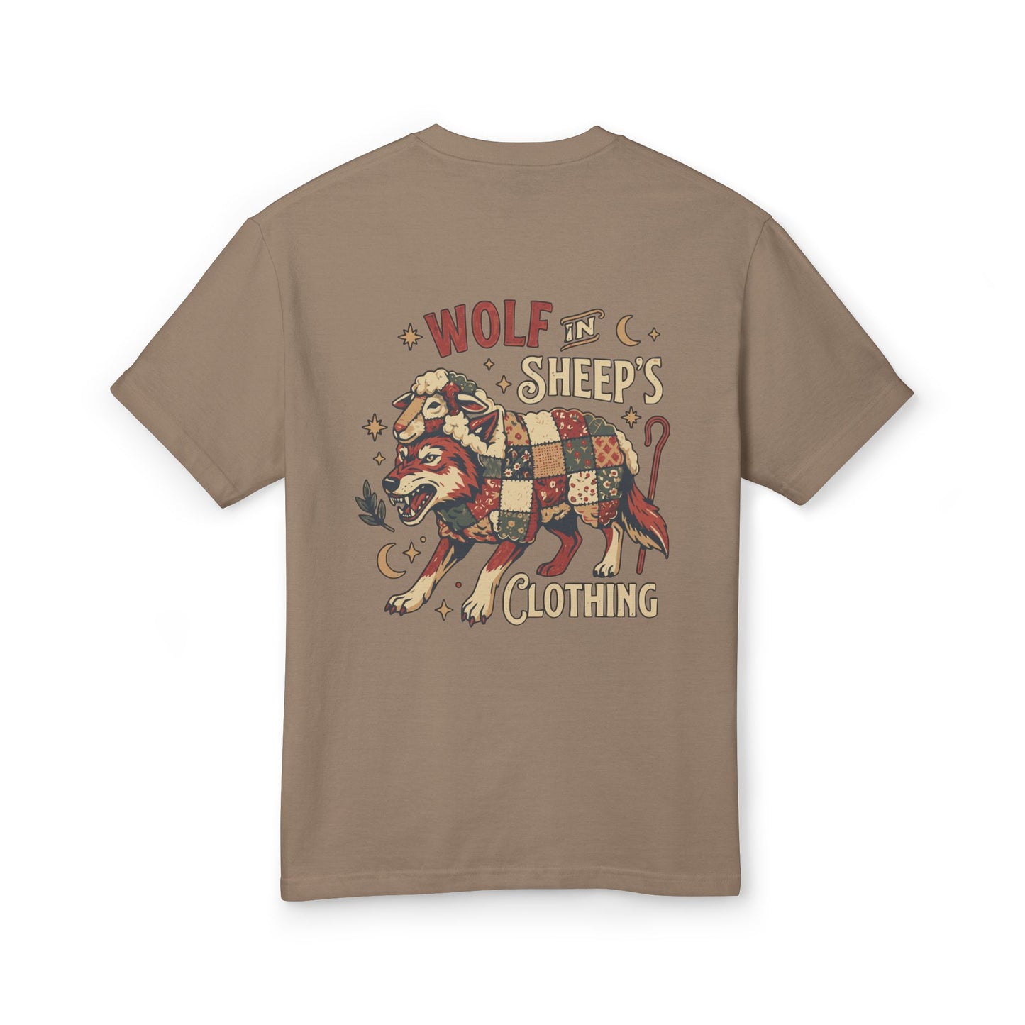 Wolf & Sheep Graphic Tee — Vintage Patchwork Wolf Back Print