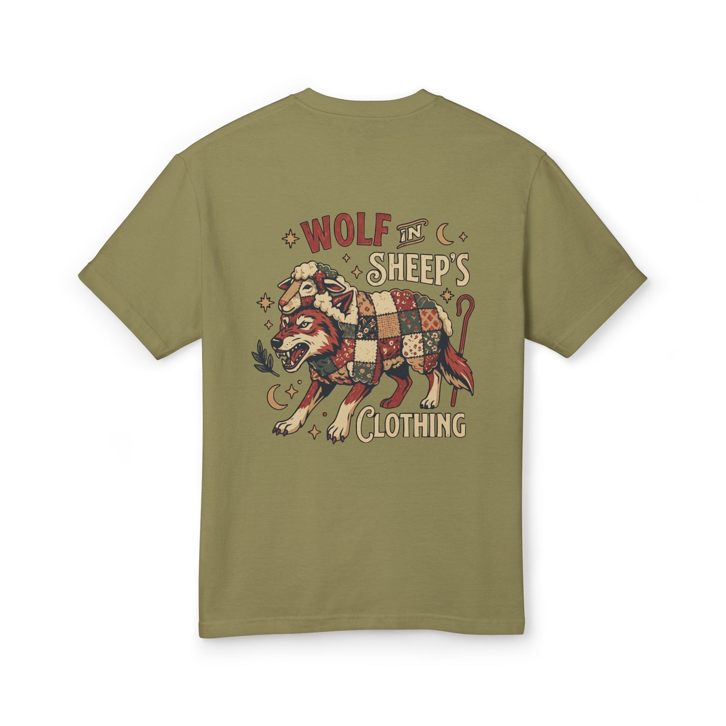 Wolf & Sheep Graphic Tee — Vintage Patchwork Wolf Back Print