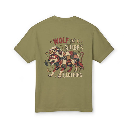 Wolf & Sheep Graphic Tee — Vintage Patchwork Wolf Back Print